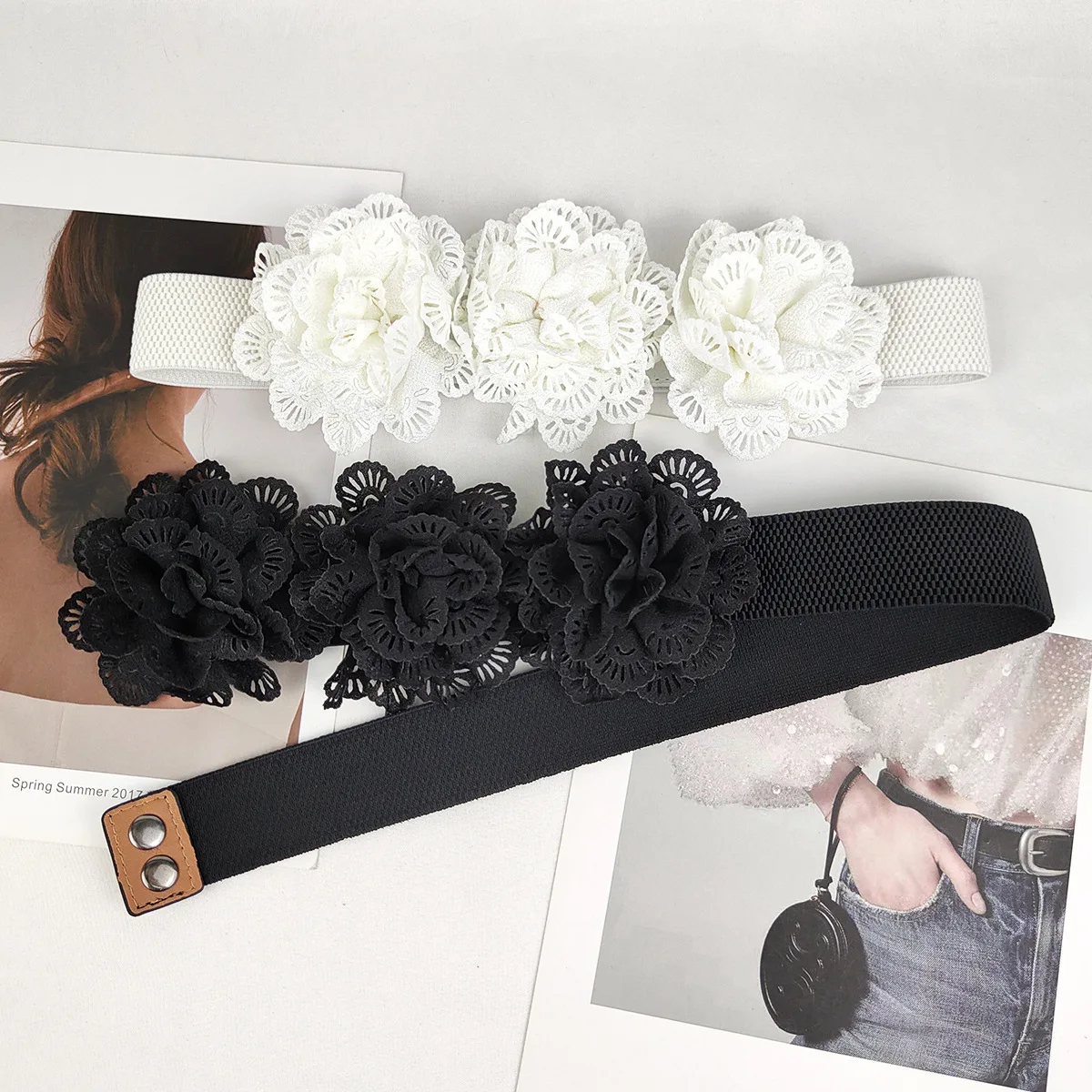 

Women's Runway Fashion Flower Elastic Cummerbunds Female Dress Corsets Waistband Belts Decoration Wide Belt R2212