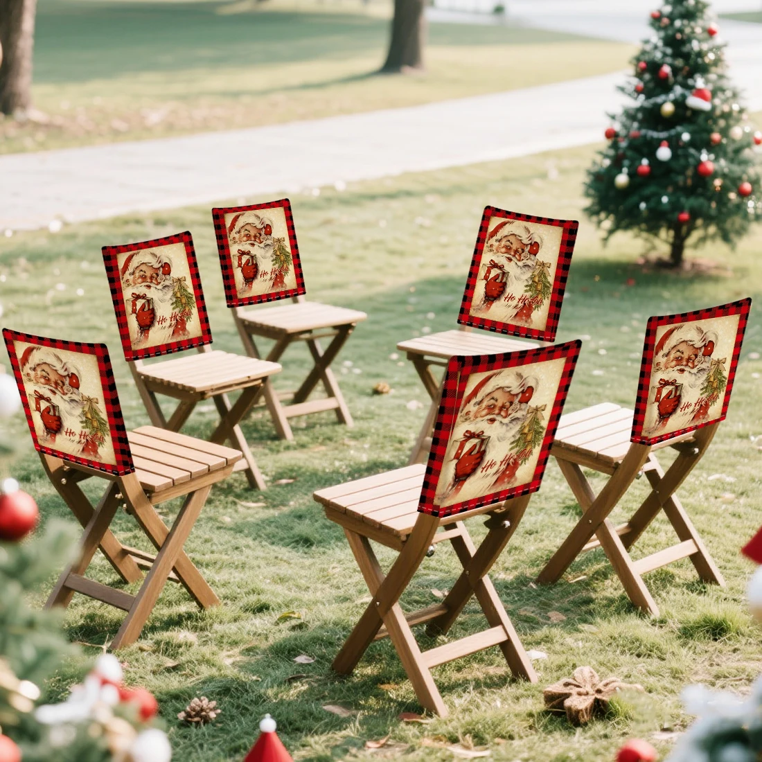 Checkered Retro Santa Claus Chair Cover Slipcovers Set of 2/4/6 100% Polyester Dining Room Office Banquet Chair Protective Cover