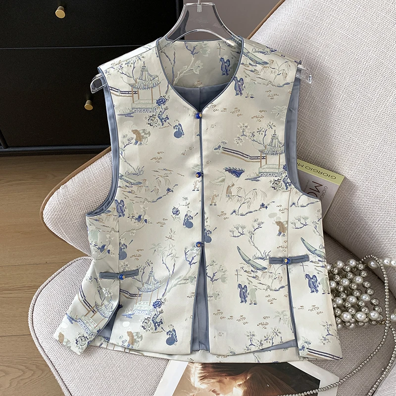 

New Chinese Style Hanfu National Trend Heavy Embroidery Buttoned Jacket Embroidered Gold Weave Floral Print Open Cardigan Out...