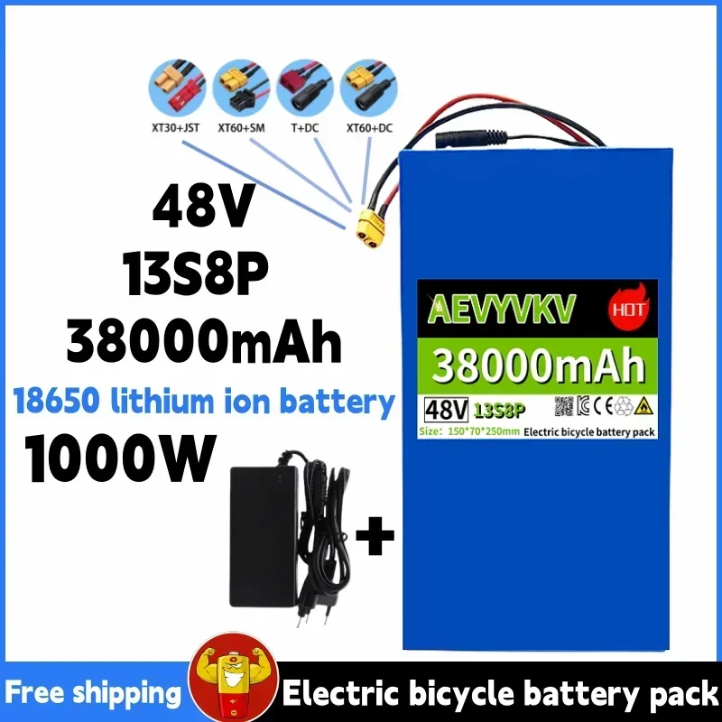 

Free shipping 48V 38Ah 48V 38000mAhbattery 18650 13S8P Lithium Battery Pack 1000W electric bicycle battery Built in 50A BMS