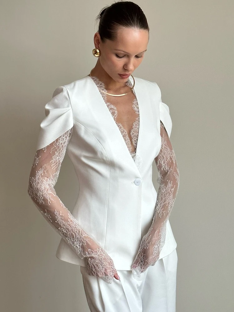 

Women Elegant Lace Patchwork Slim Suit 2026 Ladies V-neck Long Sleeve Single Button Blazer Coat White Black Party Top Outerwears