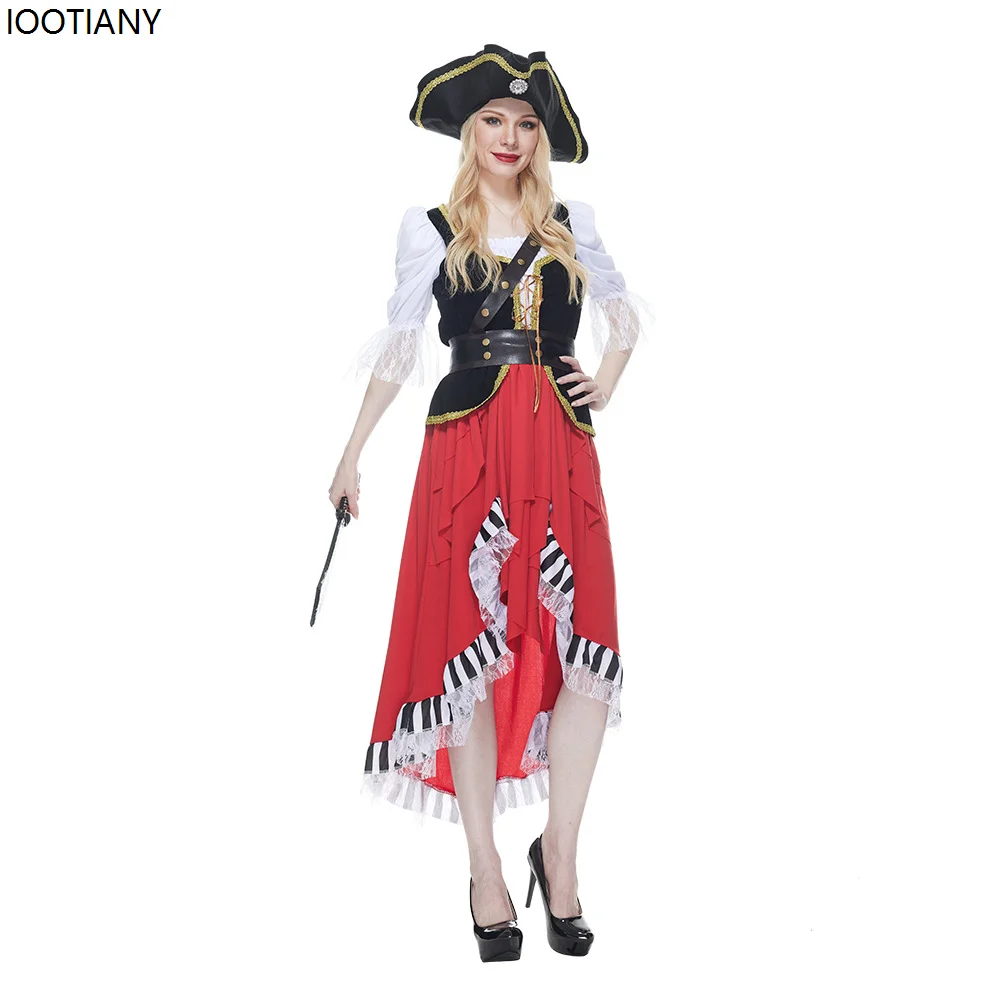 Women Sexy Pirates Of The Caribbean Cosplay Costume Halloween Pirate Captain Fancy Dress With Hat Carnival Party Bar Stage Dress