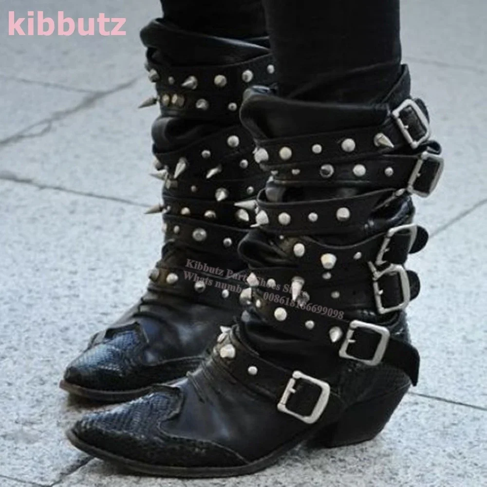 المسامير الشرير الصخرة الأحذية الركبة عالية الجلود بلون موضة أنيقة مثير موجزة الجدة الفاخرة حزام مشبك حار الفتيات الأحذية