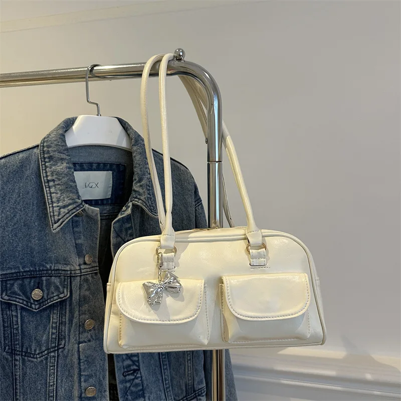 

Retro Solid Color Shoulder Bags for Women Pu Leather Ladies Underarm Bag Commuter Tote Small Pocket Design Female Handbags Purse