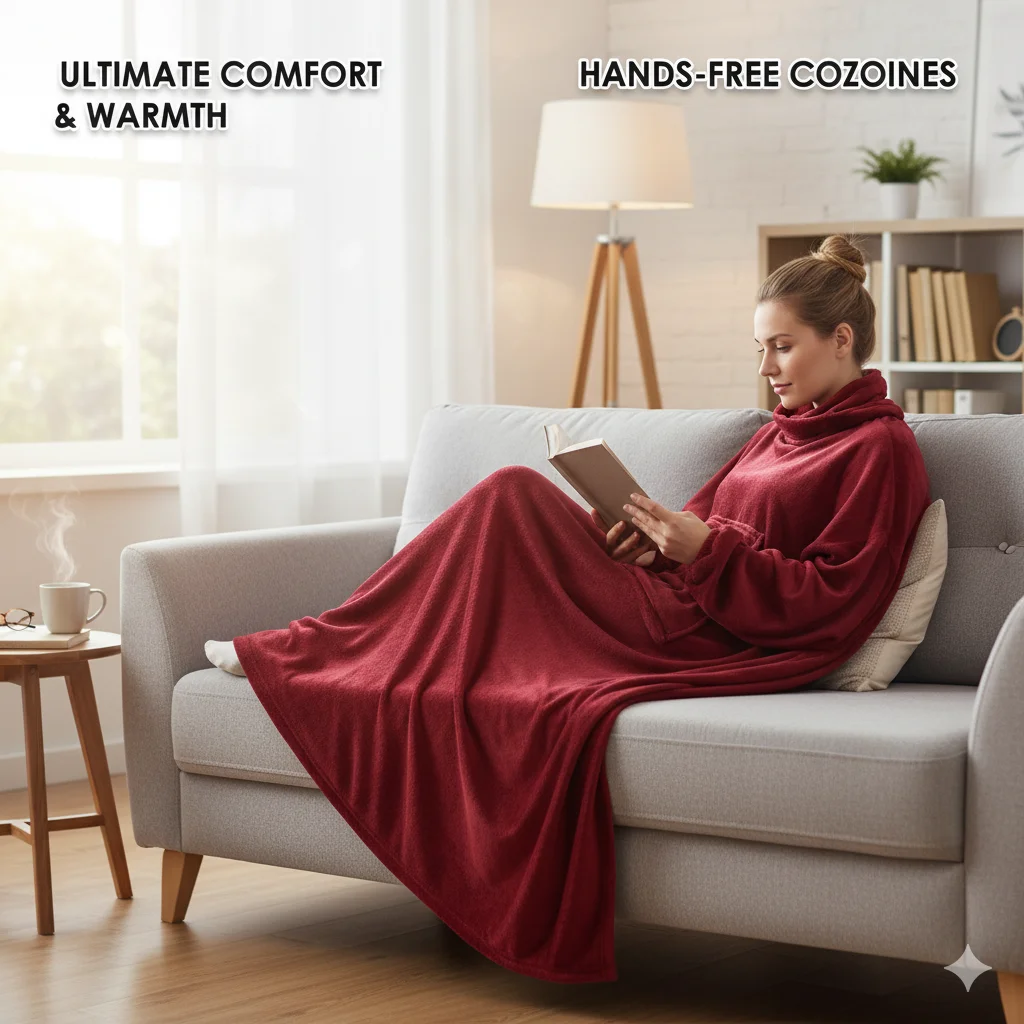 

Thick Winter Blanket With Sleeves And Large Pocket Anti-static Soft Flannel Throw For Sofa Reading TV Lounge Cozy Home Gift