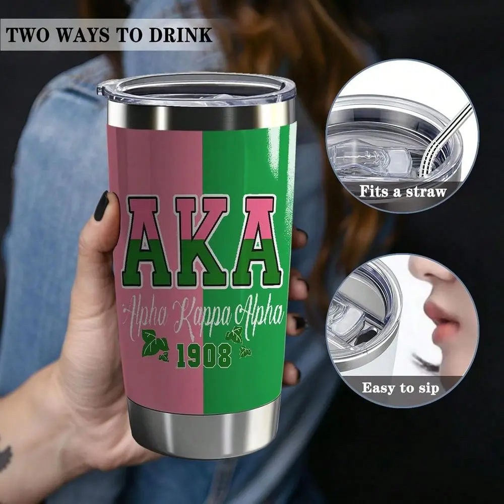 

AKA Sorority Gifts Tumbler For Women Girl,20 Oz Insulated Tumblers With Lid,1908 Pink Green Stainless Steel Insulated Tumblers,