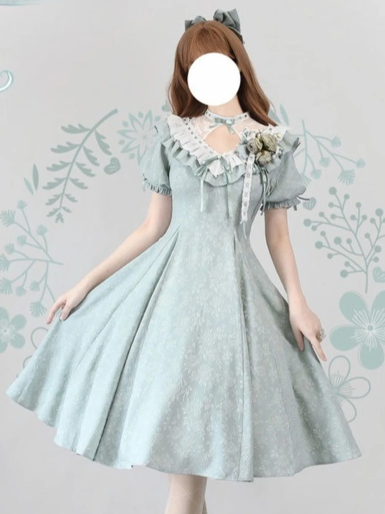 

2025 Summer New Dresses Hollow Out Puff Sleeve Lace Three Dimensional Flowers Dress Lolita Fashion Design Sweet Women's Clothing