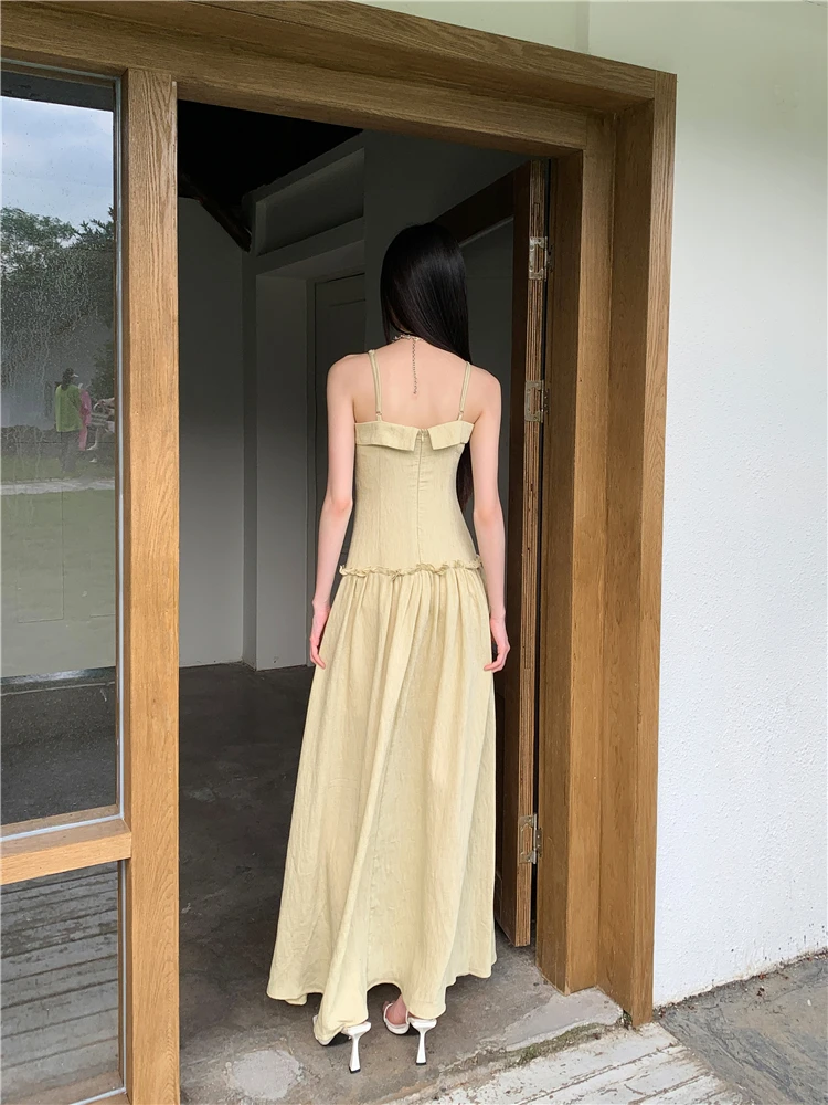 CHEERART Yellow Backless Long Dresses 2024 Women Summer Sundress Tunics A Line Casual Vacation Midi Slip Dress