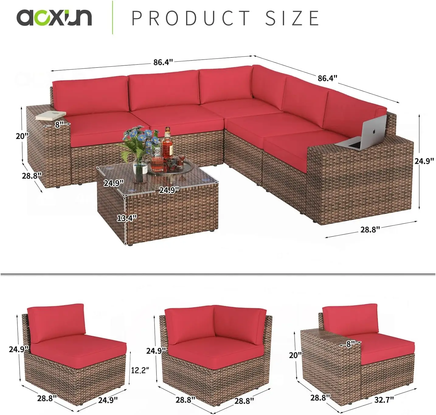 Outdoor Wicker Rattan Mobiliário Set Pátio, sofá secional, inclui tampa do sofá para pátio, jardim, quintal, 6 pcs