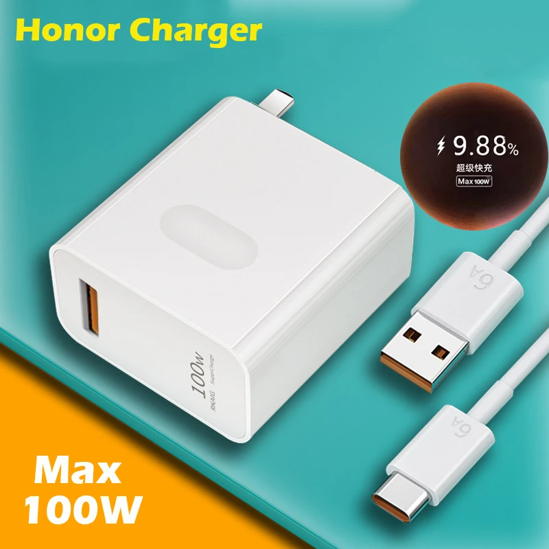 Honor SuperCharge Max 100W Charger EU/US/UK Plug Power Adapter 6A Type C Cable For Honor 70 60 Pro 50 Magic 3 Magic4 X30