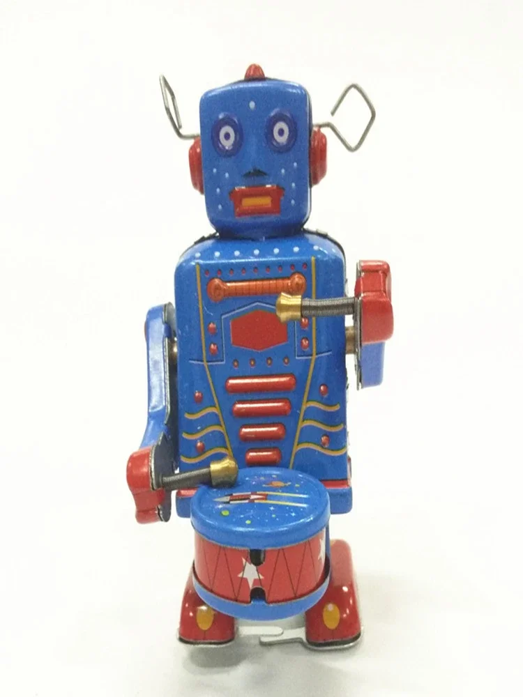 สะสม Vintage Drumming Robot Wind Up ของเล่นดีบุกของขวัญคริสต์มาสคลาสสิกสําหรับเด็กทารกเด็กวัยหัดเดินรูปโลหะในกรณีดีบุก