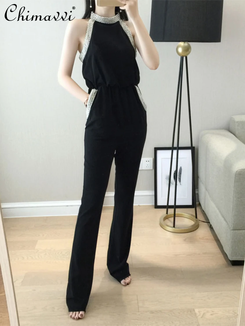 

High-End Heavy Beads Halter Sleeveless Chiffon Jumpsuit 2022 Summer New High Waist Slimming Elegant False Two-Piece Trousers