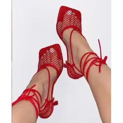 New Sexy White Hollow Mesh Woman Pumps Sandals Square Toe High Heel Ankle Lace Up Cross-tied Party Dress Female Shoes