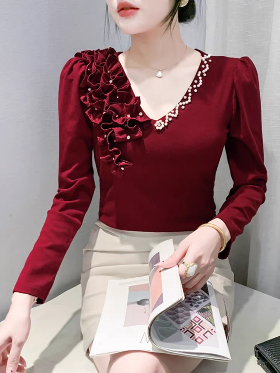 Autumn Cotton T Shirt Women Fungus Beading V-neck Tee Shirt Femme Black Red Long Sleeve T-shirt