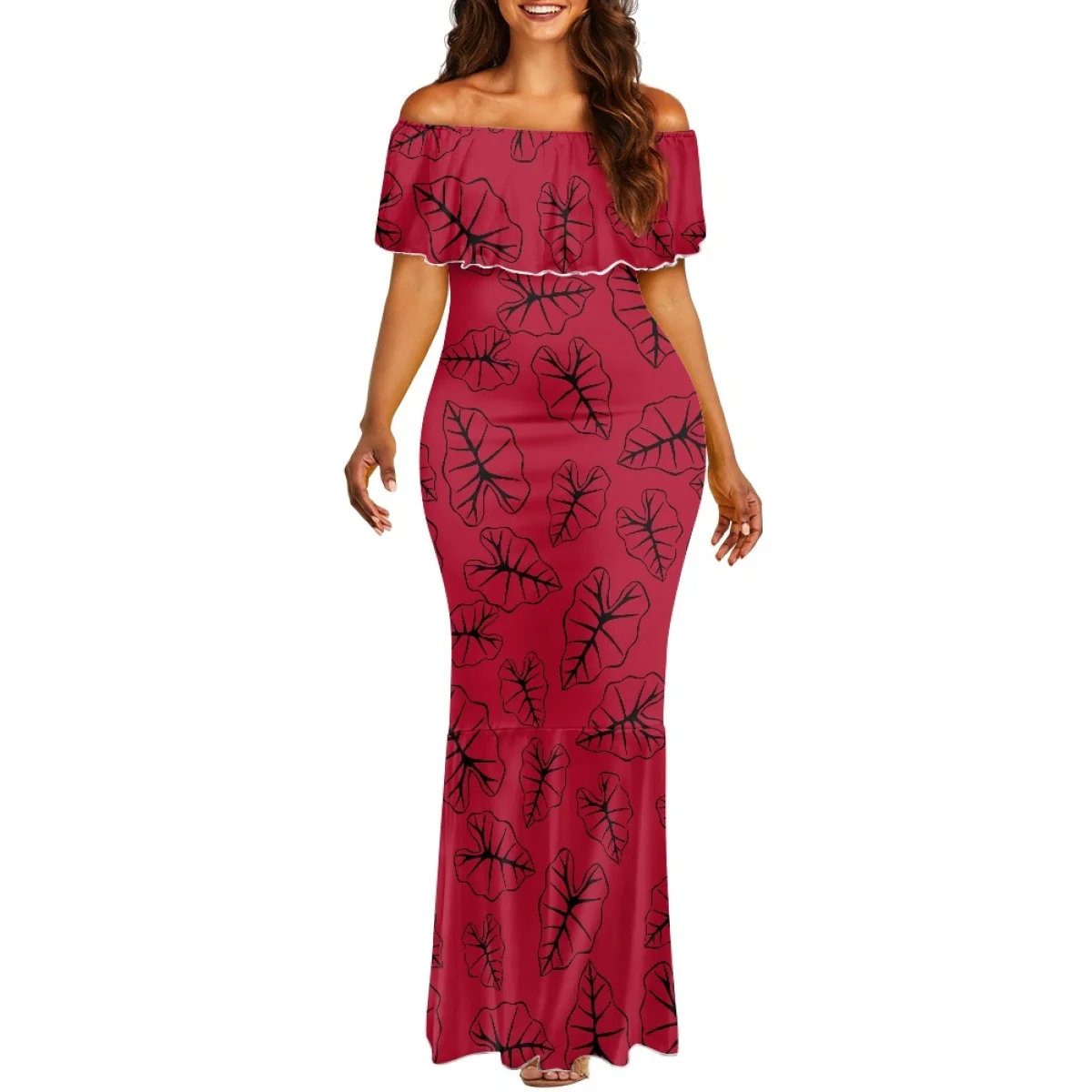 ชุดเดรสออกงานลายดอกชบาแบบโพลินีเซียน ทรงเมอร์เมดเปิดไหล่  แบบเข้ารูปสั่งตัดได้  สีน้ำเงิน  สำหรับงานเลี้ยงค็อกเทล