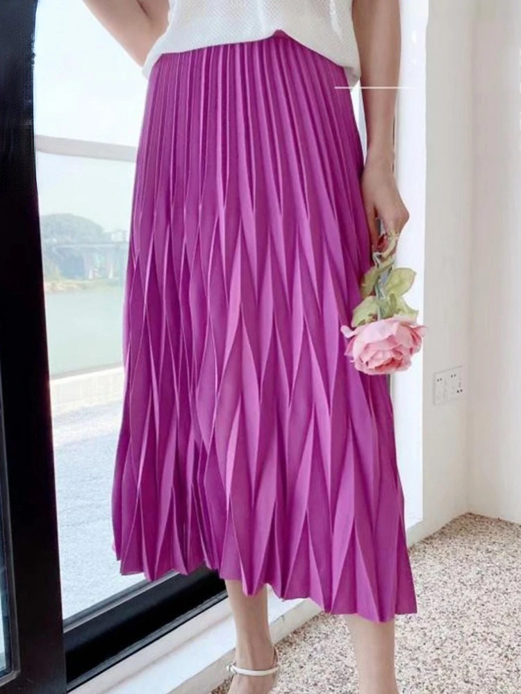 

Elastic Waist Rhomboid Wrinkled Wave Pattern Medium Long Fold Skirt For Women Chic Clothing 2022 Summer New