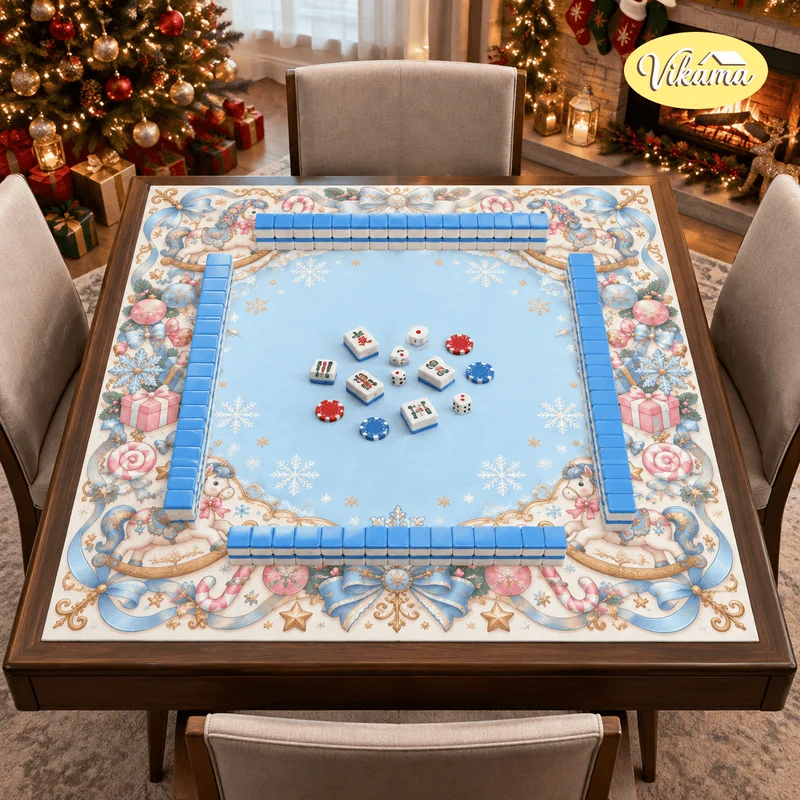 VIKAMA Mahjong Table Mat Christmas Carousel Horse Light Blue Xmas Game Cover Candy Cane Snowflake Bow Square 4 Player Poker Game