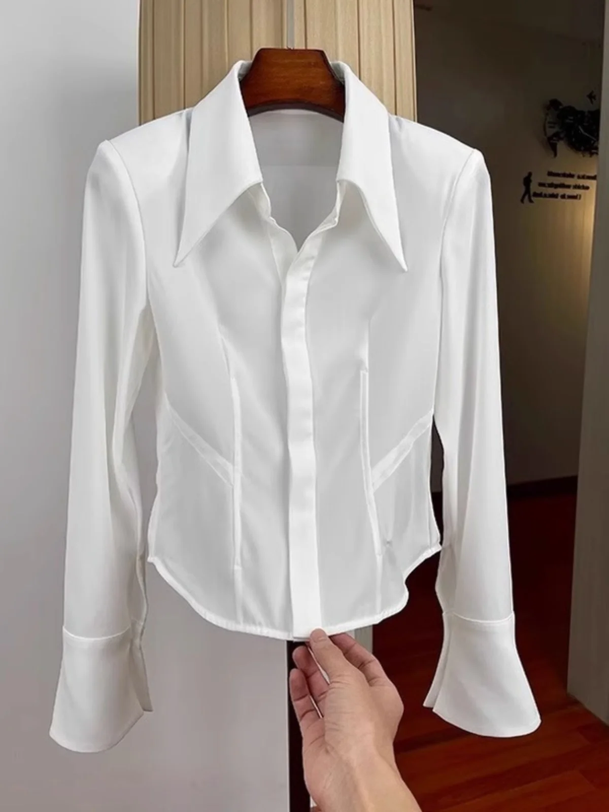 Dragon Fruit Colored Short Shirt Women's Business Casual Style Slim Fit Top Korean Version Long Sleeve Pure Color  Collar view 4