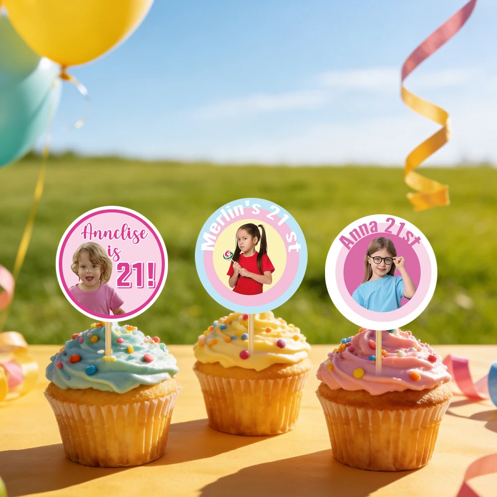 12pcs Personalized Photo Birthday Cake topper Custom Photo and Name Age for Milestone Birthday Celebration Party Cake Decoration