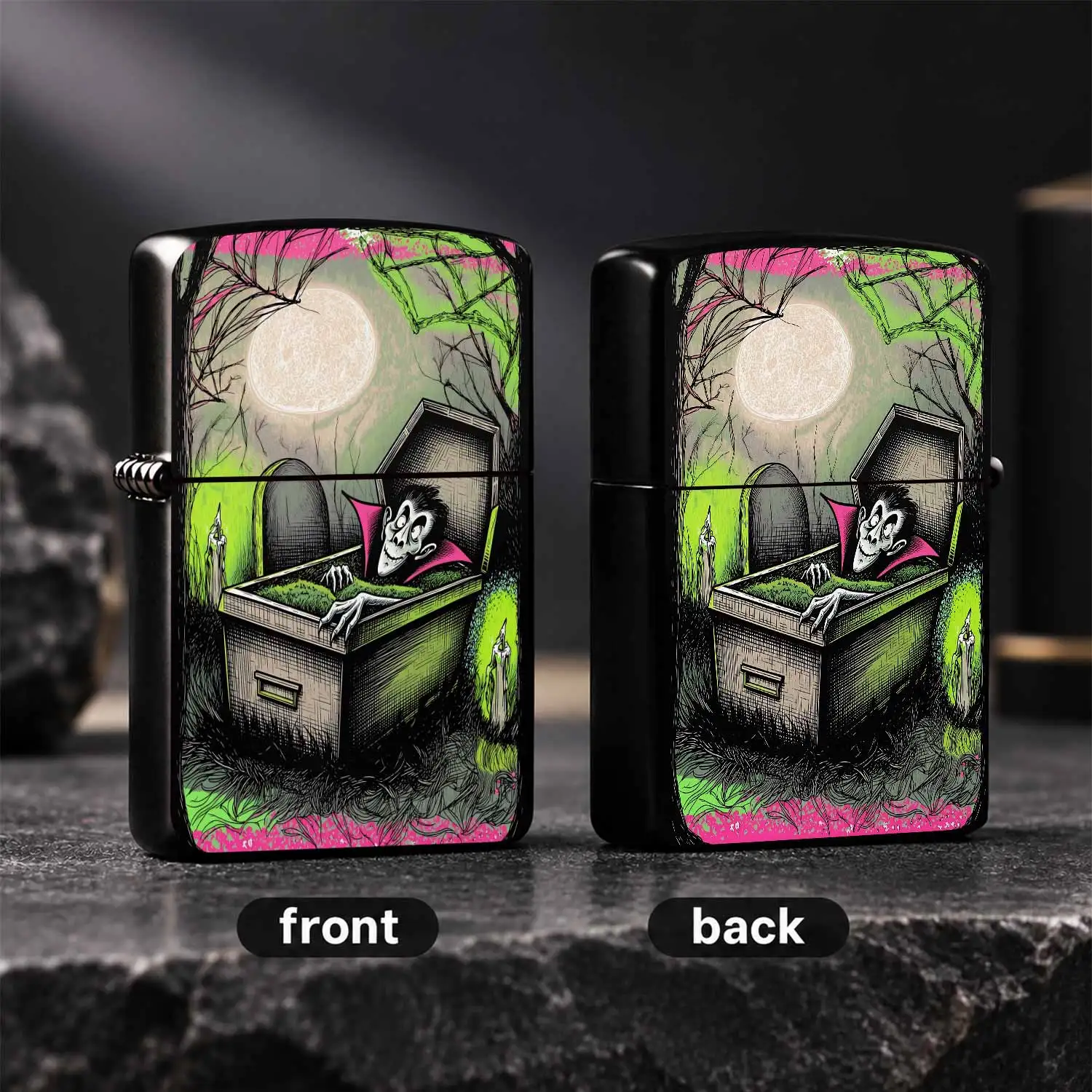 Retro Spooky Vampire In Coffin Graveyard Pattern Lighter, Creative Whimsical Full Moon Night Cemetery Themed Portable Igniter, Fun Unique Spooky Aesthetic Accessory For Daily Multi-Scene Use, Ideal Novelty Gift For Goth A Humorous And Inter