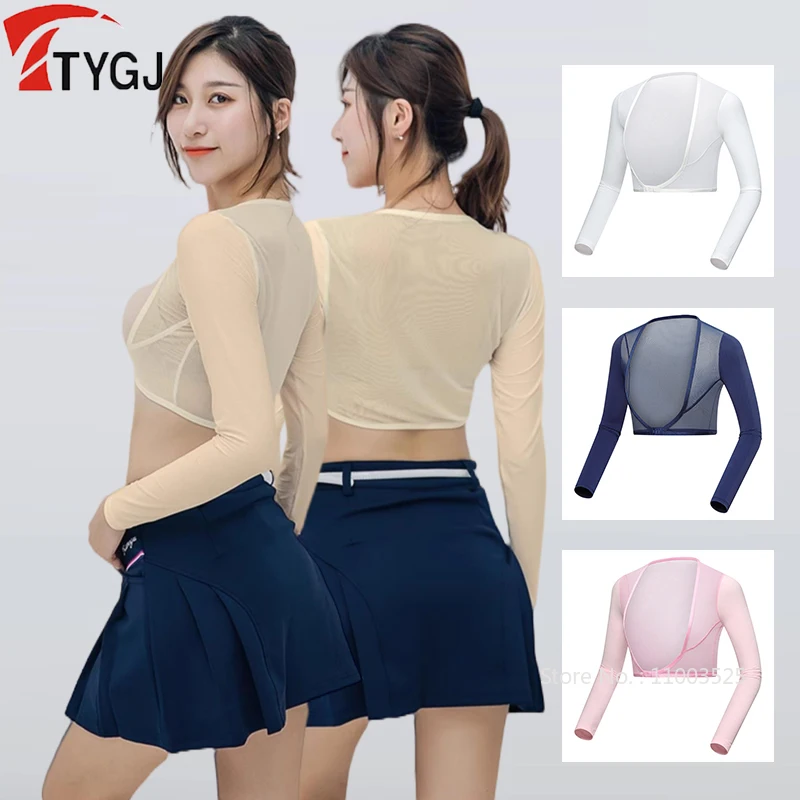 TTYGJ Summer Golf Sunscreen Shawl Cuff Gloves Women's Ice Silk Long Sleeve Crop Tops UV Resistant Lady Shirts Sports Clothing