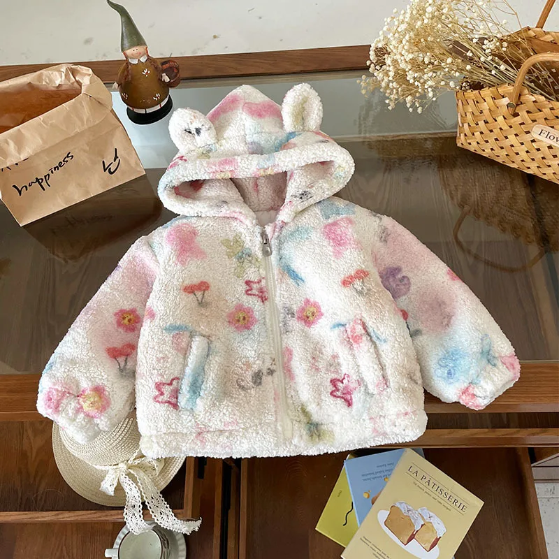 

Kids Baby Girls Coat 2025 Winter Hooded Velvet Toddler Girls Jacket Thick Warm Children 2-6Y Girls Graffiti Outerwear Coat