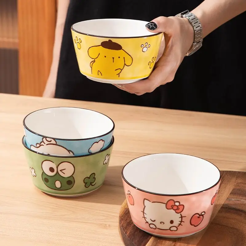 2Pcs Kawaii Sanrio Cinnamoroll Hello Kitty Keroppi Ceramic Bowl Large Capacity Salad Bowl 4.5 Inches Tableware Kitchen Supplies