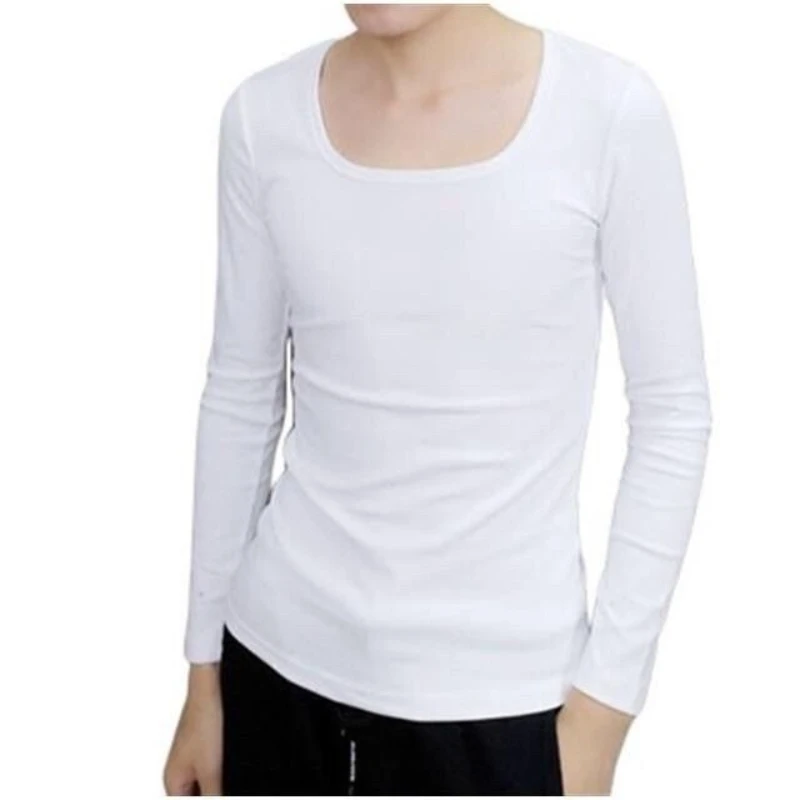 Men's Cotton Long Sleeve T-Shirt Solid Color Slim Fit Square Neck Base Layer Top Autumn Casual Versatile Pullover