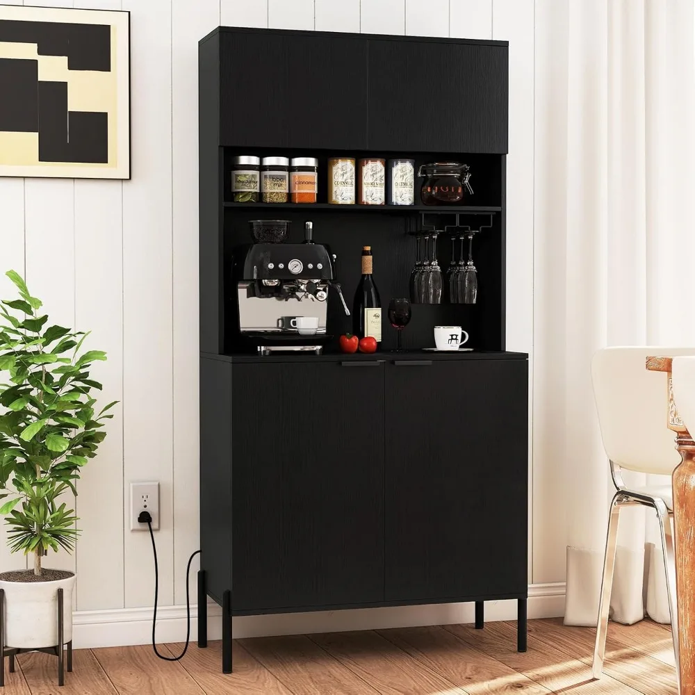 64.5” Tall Kitchen Pantry Cabinet, Buffet Sideboard with Charging Station, Modern Wine Bar Cabinet with Wine Glass Rack,