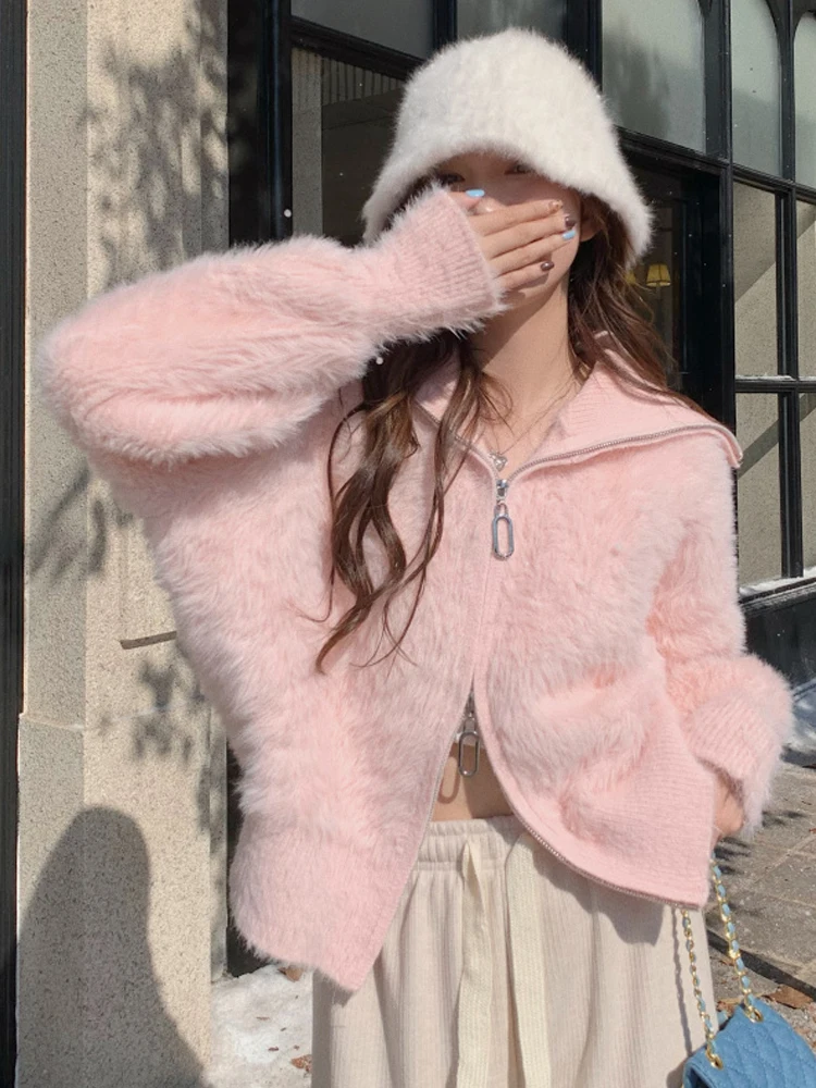 Fluffy Sweater Women Pink Sweet Knitted Cardigan Lady Elegant Chic Navy Collar Pullover Female Casual Loose Short Knitwear Coat