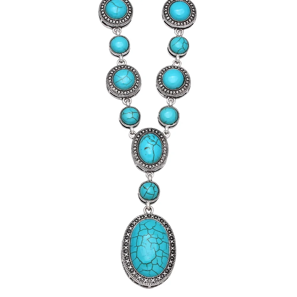 Vintage Bohimia Oval Synthetic Turquoises Jewelry Necklace For Women Alloy Metal Jewelry