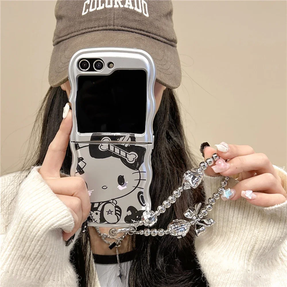 Cute Hello Kitty Kuromi with Bracelet Silver Phone Case for Samsung Galaxy Z Flip 3 4 Z Flip 5 6 5G PC Hard Anti-drop Back Cover