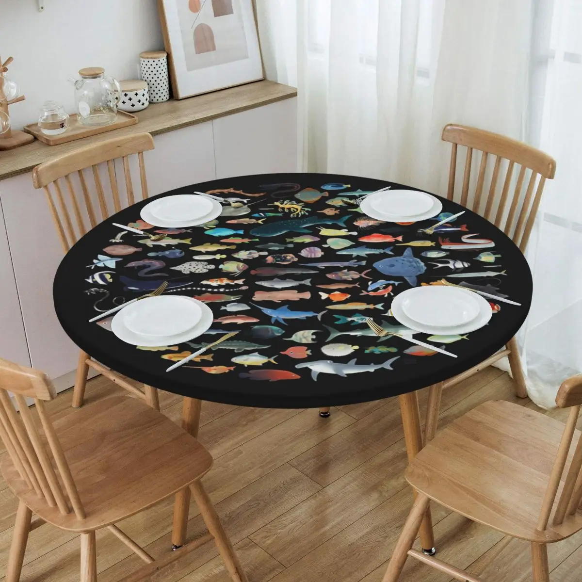 One Hundred Fish Ocean Life Scuba Diving Waterproof Round Tablecloth Oilproof Table Cloth for Kitchen Events Dining Table Cover