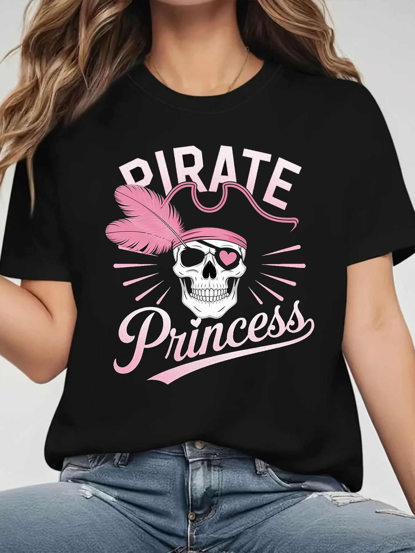 Pirate Princess Skull Pattern Printed T Shirt for Women Short Sleeve Round Neck Casual Summer Wear