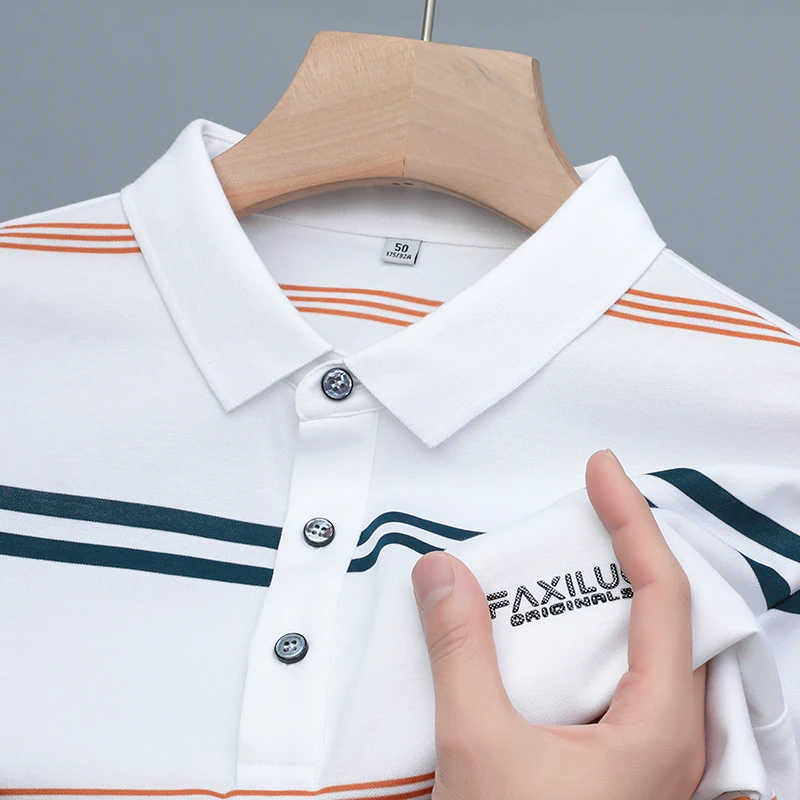 

Men's Mercerized Cotton Lapel Polo Shirt Korean Style Stripe Contrast Color Casual Fashion Print Designer Short Sleeve Top M-4XL