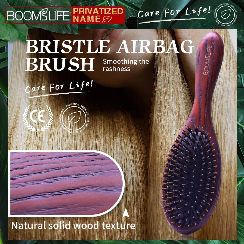 Boar Bristle Hair Brush Women Custom Name Detangling Hairbrush Hair Style Wood Comb Wet Dry Hair Scalp Brosse A Cheveux Bebe
