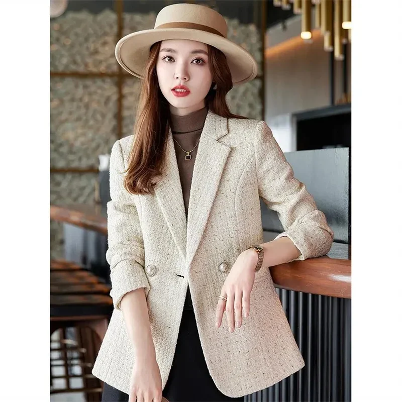 Plaid Blazers for Women 2024 Pearl Double-breasted Long Sleeve Blazer Jacket Elegant Office Ladies Turn Down Collar Coats Jacket