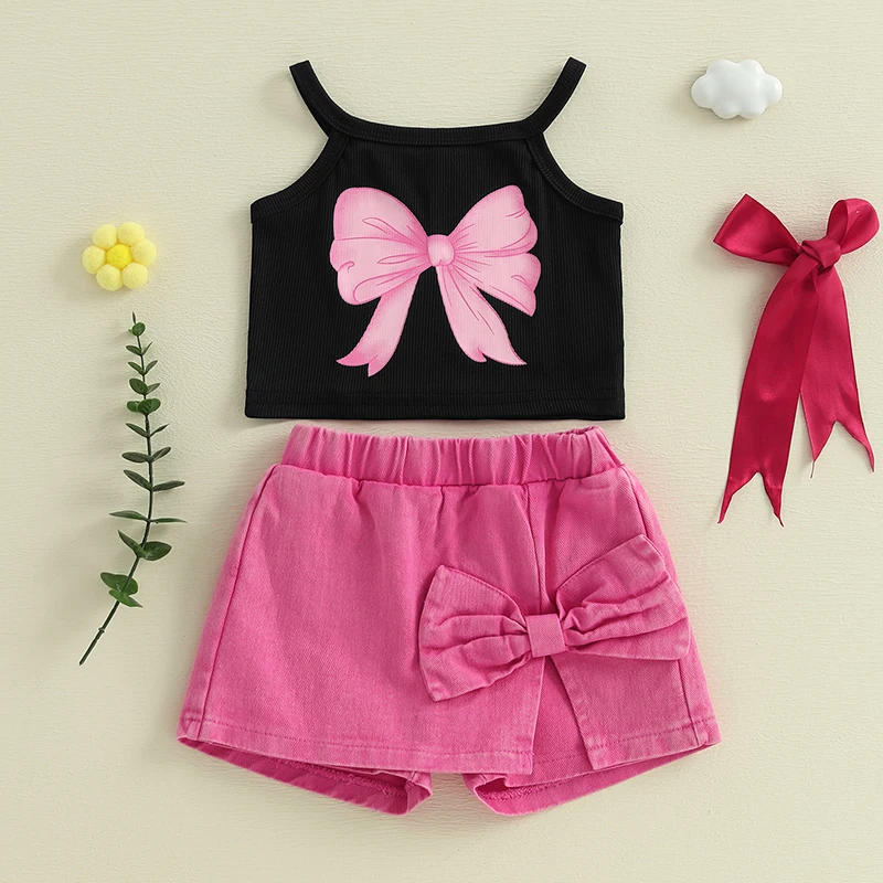 1-4Y Summer Kids Girl Shorts Set Bow Spaghetti Strap Vest Tops Solid Denim Skorts 2 Piece Outfit Children's Clothing