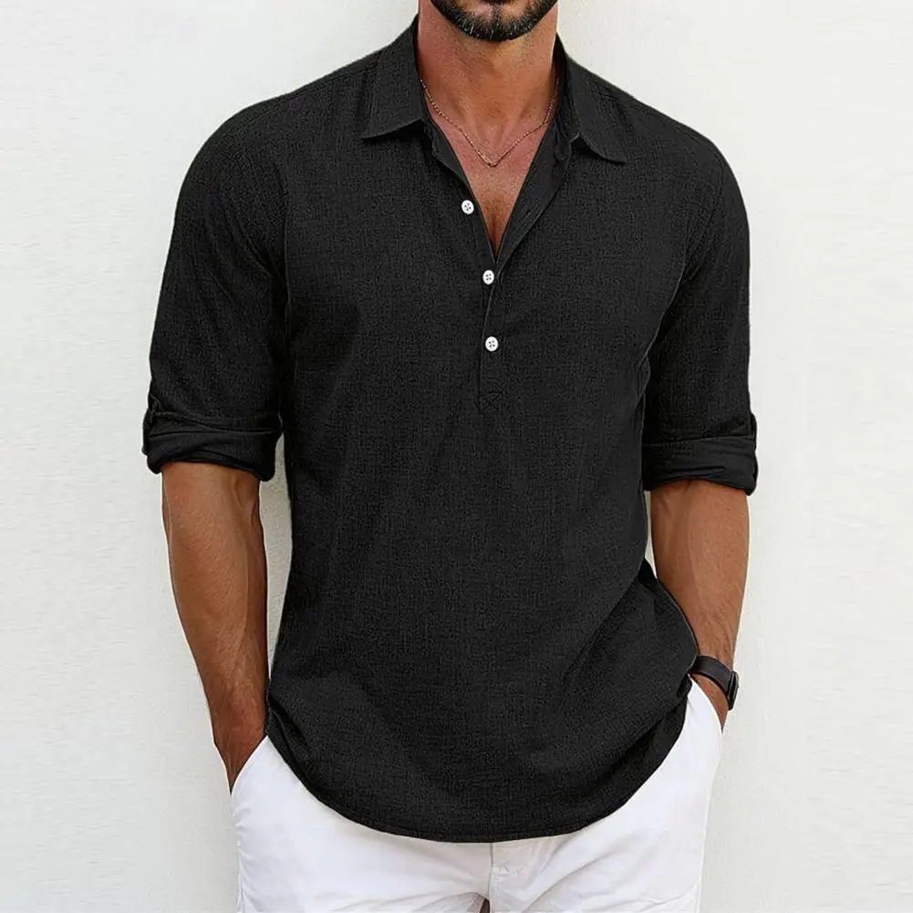 Men Button-down Top Loose Mid Length Men's Shirt Solid Color Half-open Collar Daily Wear Top Summer Beach Shirt