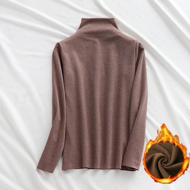 Autumn Winter Half-Collar  Velvet T Shirts Female Dralon Heating Long-Sleeved Warm Shirt Thickened Double-Sided Fleece Shirt