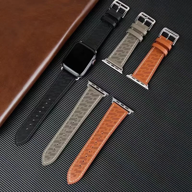 Correa de cuero para Apple Watch Ultra 2, 49mm, 45mm, 44mm, 41mm, 40mm, 42mm y 46mm, pulsera transpirable para iWatch 10 9 8 7 6 5 4 SE Correa