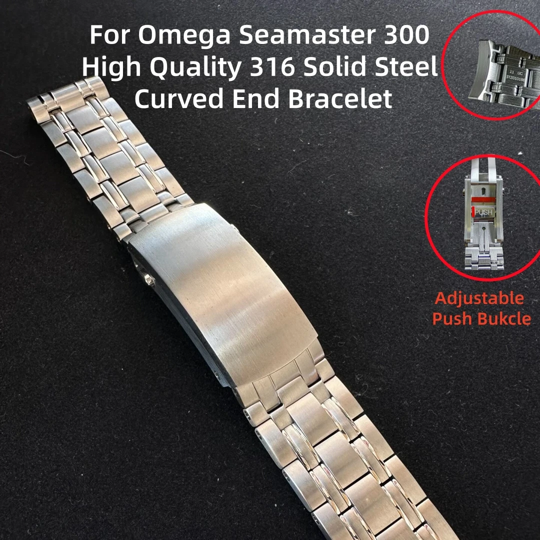 For Omega Seamaster 300 High Quality Curved End 316 Solid Stainless Steel Bracelet With Adjustable Push Folding Buckle