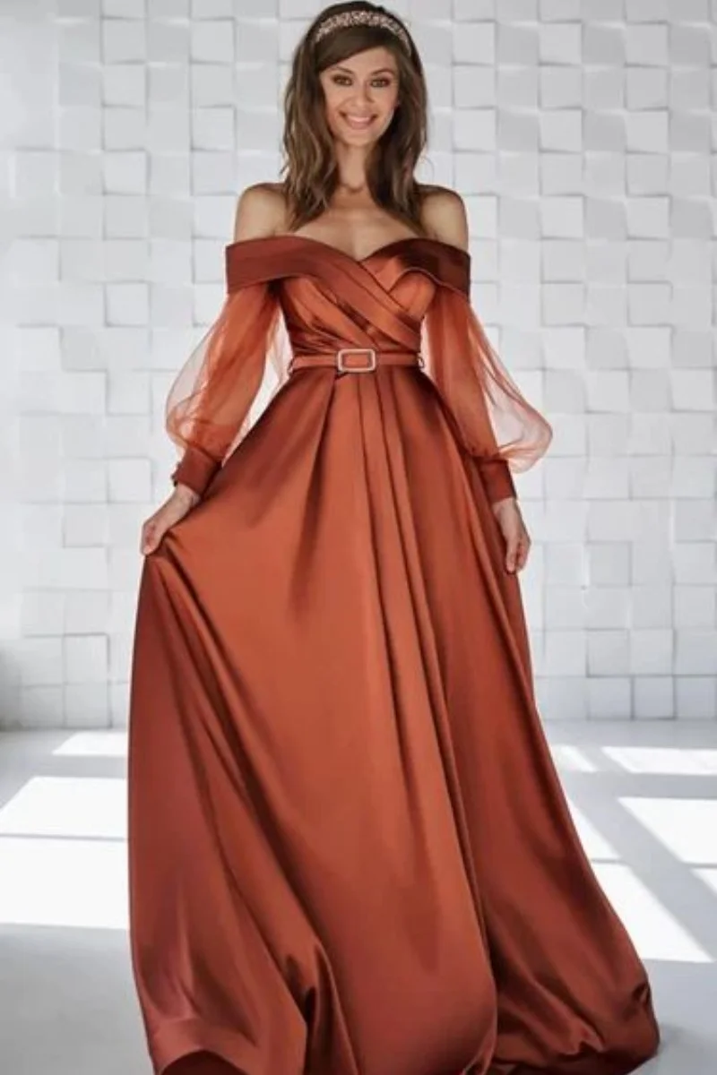 Fashion Dark Orange Off the Shoulder A-line Prom Dresses Transparent Tulle Long Sleeve Pleats Ruffles Evening Dresses with Belt