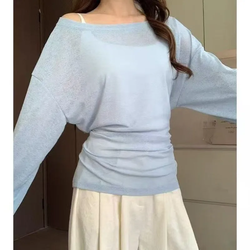 Women Casual Off‑Shoulder Blouse Long‑Sleeve See‑Through Mesh Tees Back Bandage Detail Oversized Loose Korean Style Daily Tops