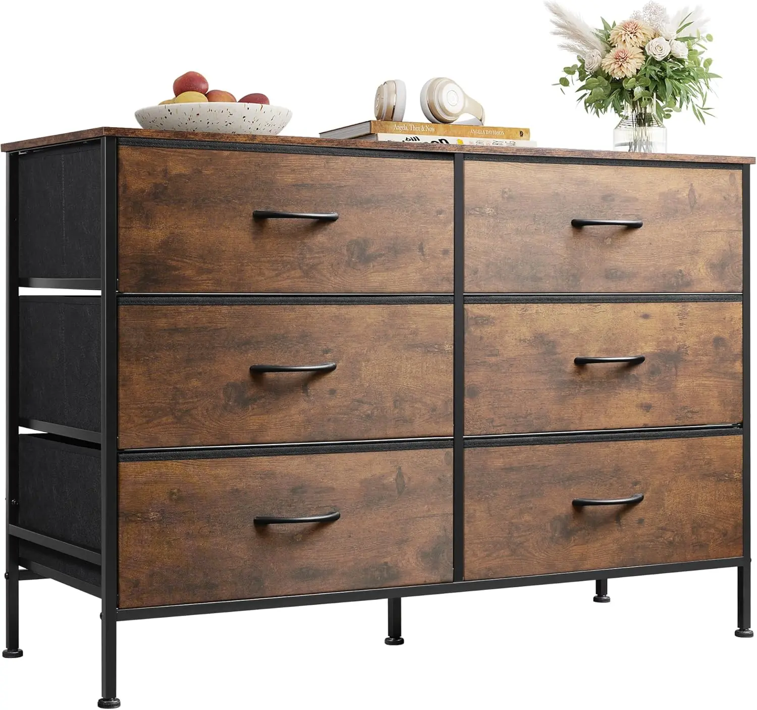 

Rustic Brown Dresser with 6 Fabric Drawers, Metal Frame & Wooden Top for Bedroom, Hallway or Entryway Storage