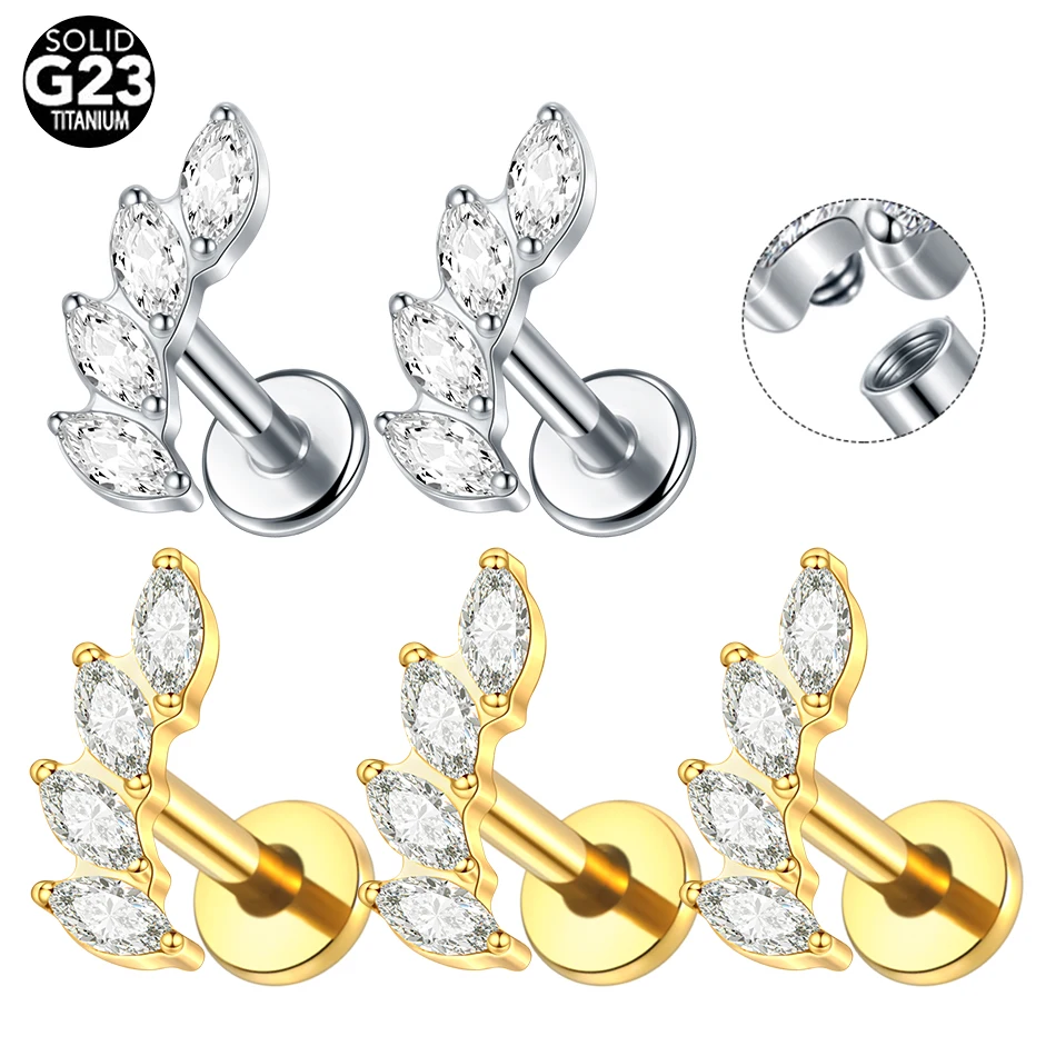 1/5PCS Titanium Internally Thread Labret Piercings Marquise CZ Earring Stud 16G Cartilage Helix Tragus Daith Piercings Jewelry