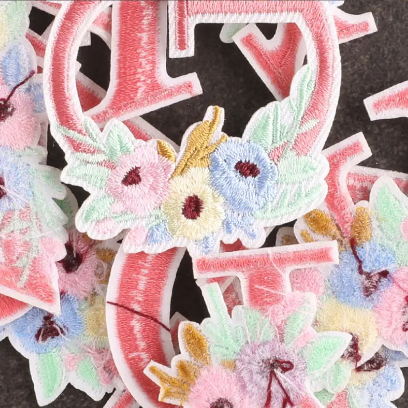10 Pcs Pink Flowers Alphabet Embroidered Patches Iron On Sew On Fashion Motif Applique Hat Bag Shoe Kids Name Decor Accessory