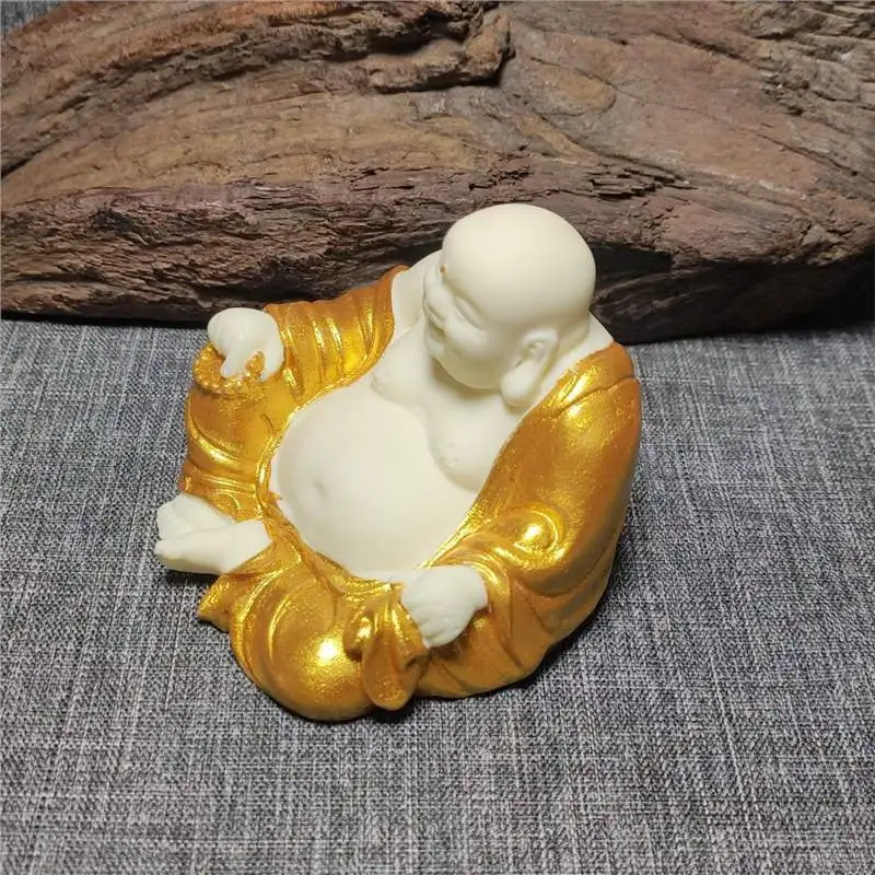 Natural Tagua Nut Gold Gilded Big Belly Laughing Buddha Statue 9x9x7.5cm Oriental Home Vehicle Collectible Ornament Gift