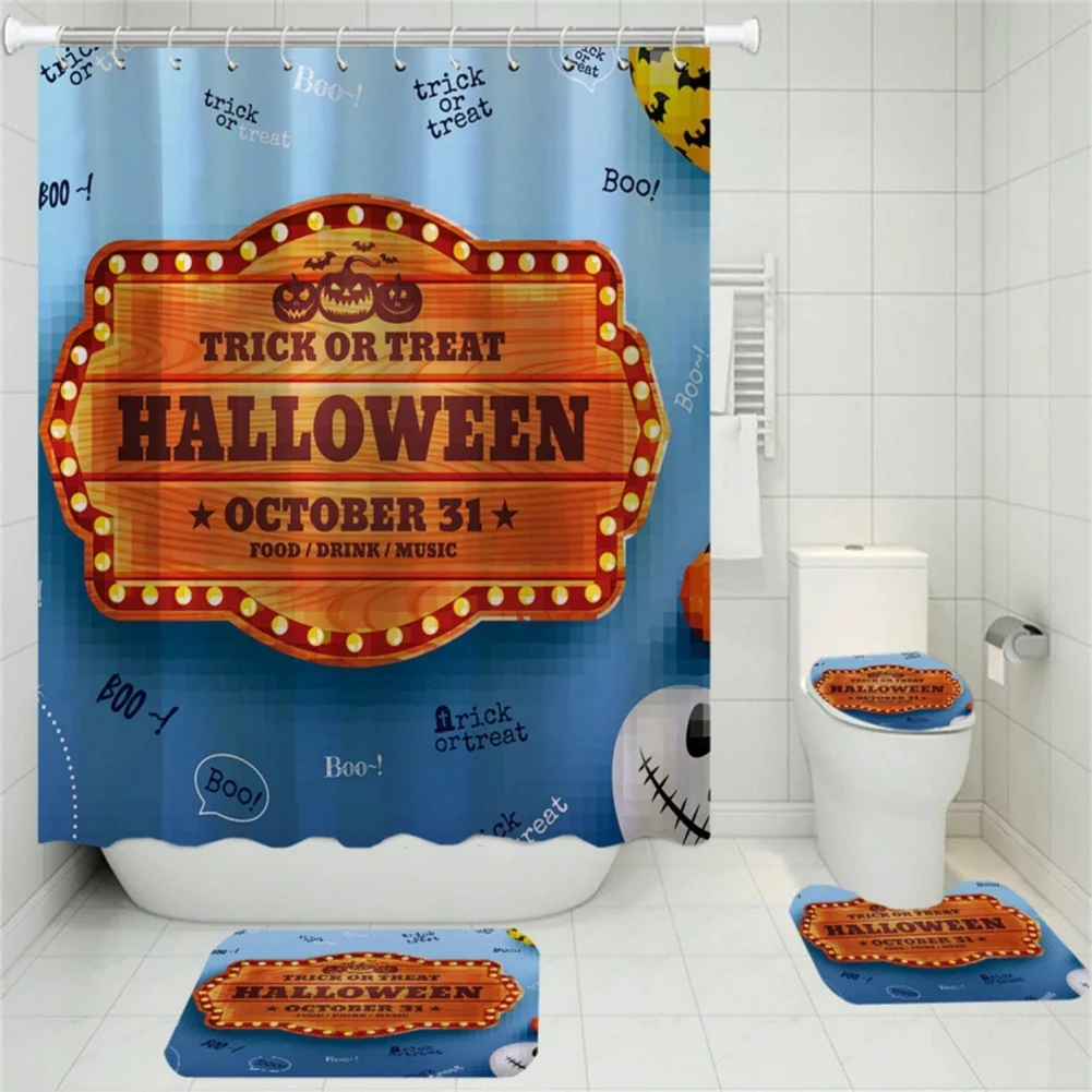 4pcs Halloween Printing Bathroom Accessories Set Waterproof Shower Curtain Non Slip Mat Toilet Cover Bathroom Decoration Kit