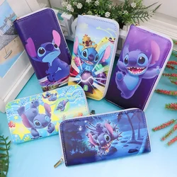 Disney-Portefeuille Stitch Cartoons Long PU pour femme, porte-monnaie, sac pour téléphone, porte-cartes, mignon, impression, mode, pince à billets, pochette, nouveau